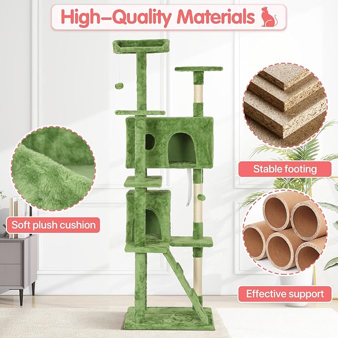 70in Cat Tree Cat Climbing Tower with Scratching Post, Cats House Perch Kitten Tree Condo Wood Playhouse, Pet Trees Tower for Indoor Cats, Green