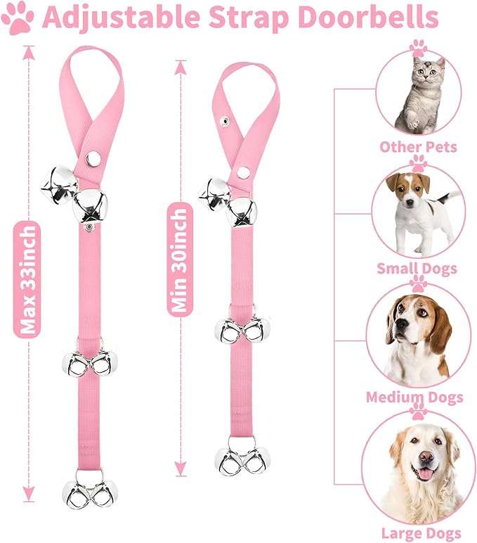 2 Pack Dog Doorbells, Pet Training Bells for Go Outside Potty Training and Communication Device Large Loud Dog Bell Cat Puppy Interactive Toys Adjustable Strap Door Bell (Pink)