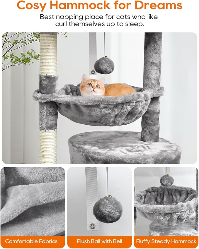 SYANDLVY Small Cat Tree for Indoor Cats, Activity Cat Tower with Scratching Post for Kittens, Modern Cat Furniture with Basket & Hanging Ball for Play Rest, Grey