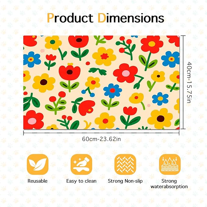 Pet Feeding Mat 24x16 inch Colorful Flower Print Pet Bowl Placemat Non Slip Floor Mat for Food and Water Indoor Pet Feeding Station Cute Meal Pad for Small Cats and Dogs Kitchen Use