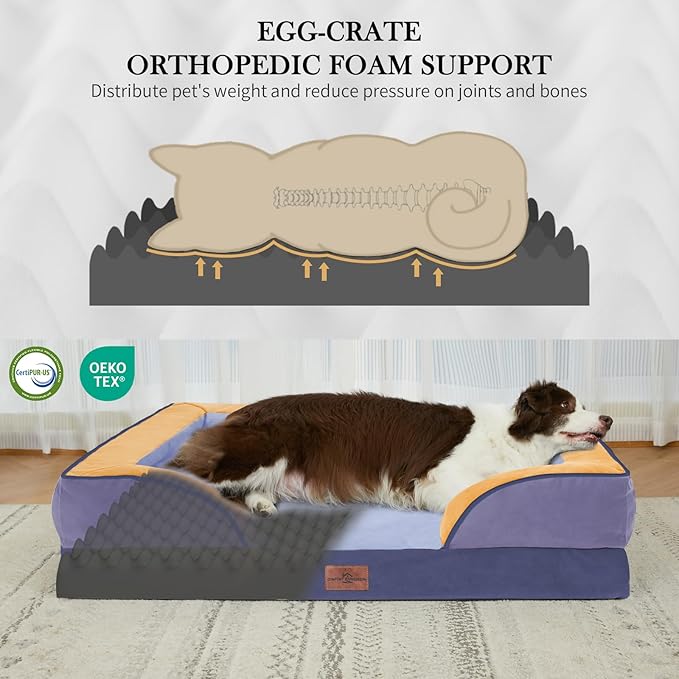 Comfort Expression Orthopedic Dog Bed for Extra Large Dogs 42x30 Inch, Waterproof Egg Crate Foam XL Pet Bed with Removable Bolsters, Dog Couch with Washable Cover & Non-Slip Bottom, Twilight Wave