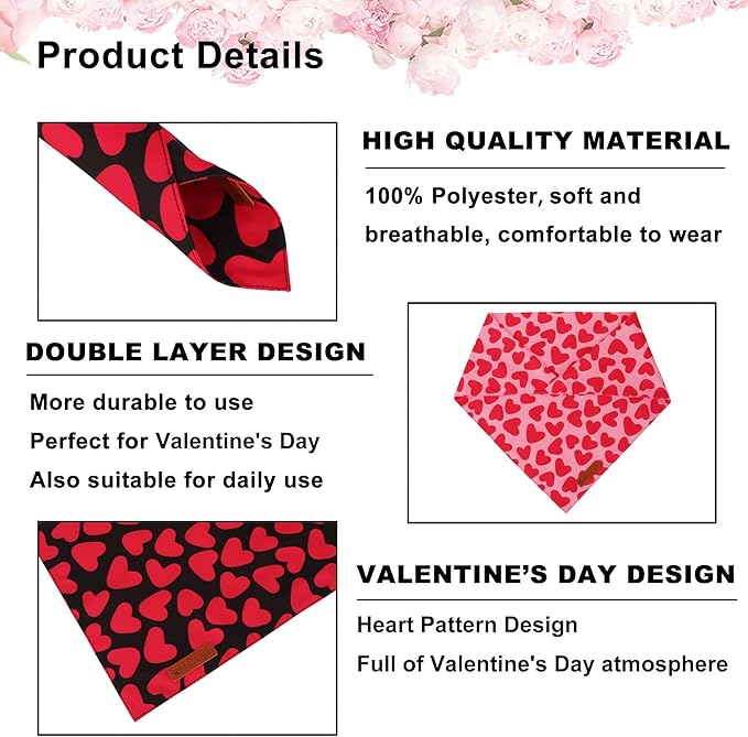 ADOGGYGO Valentine Dog Bandana 2 Pack, Reversible Red Pink Heart Pet Scarf Bib, Adjustable Fit Valentine Bandanas for Medium Large Dogs (Large)