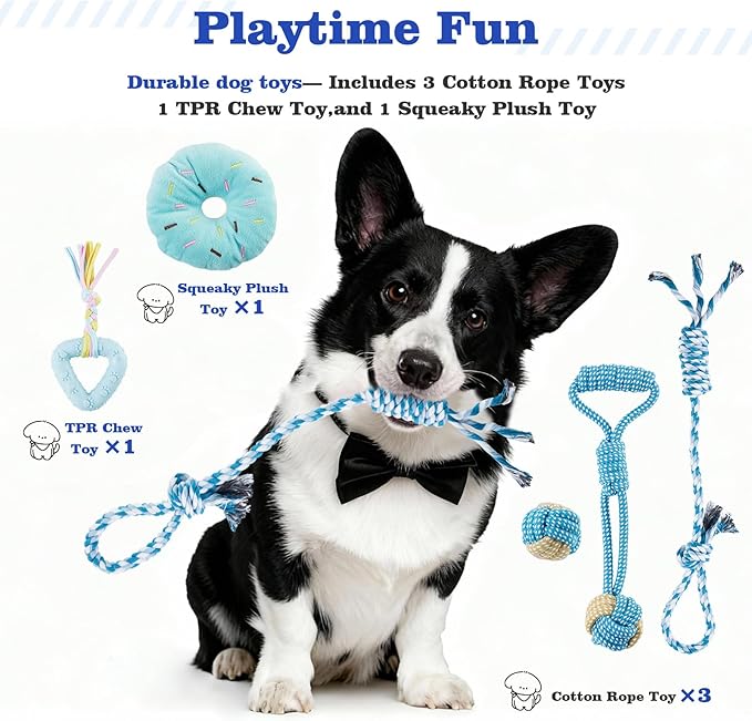 Puppy Supplies Starter Kit – Puppy Essentials and Dog Stuff Set for Small Dogs, Includes Bowls, Toys, Toothbrush, Treat Pouch and More, Welcome Home Gift for Your New Puppies - Blue