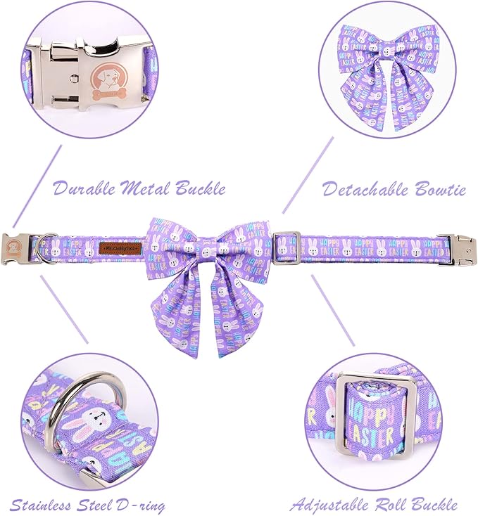 MR. CHUBBYFACE Easter Dog Collar, Purple Rabbit Puppy Collar with Flower, Adjustable Pet Collar Bowtie for Small Medium Large Dogs