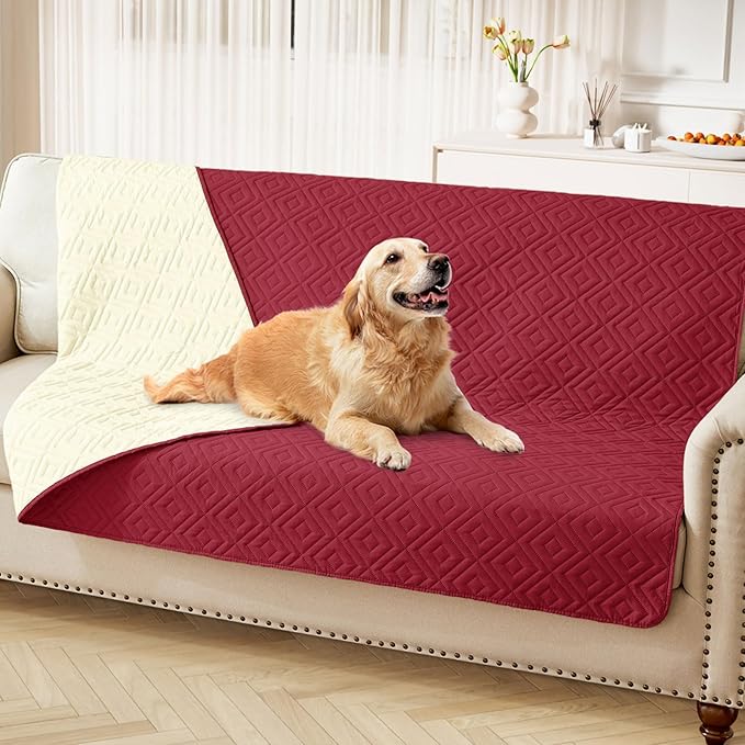 hyha Waterproof Dog Blanket, Soft Dog Bed Cover Pet Blankets, Waterproof Sofa Couch Cover for Dogs Washable, Reversible Pet Couch Covers for Sofa Furniture (52x82 Inch, Wine Red/Beige)