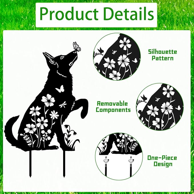 German Shepherd Metal Garden Stakes Yard Decor, 2PCS Black Dog Silhouette Statues Garden Decorative Gifts for Yard Art, Patio, Outside, Lawn Ornaments, Christmas, Backyard