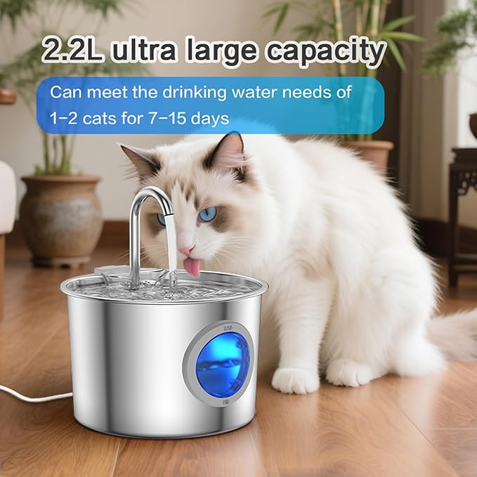 Cat Water Fountain Advanced 304 Stainless Steel 2.2L/74oz with Detachable Tank, Easy to Clean, Automatic Pet Fountain Quiet Cats Water Dispenser, Dogs (74oz Cat Fountain)