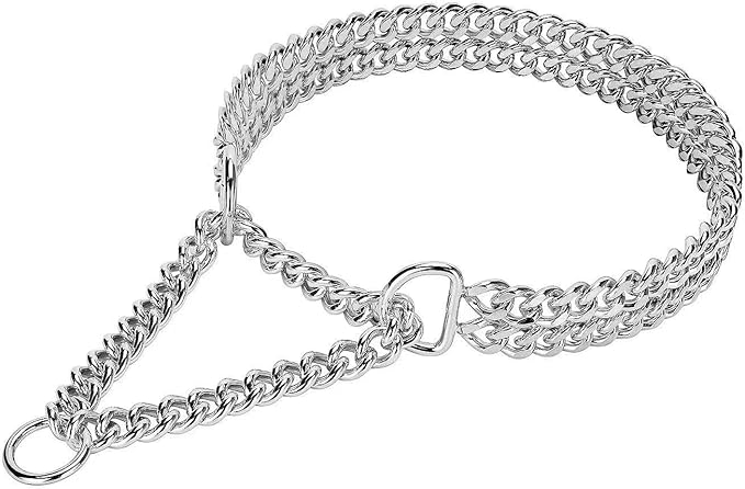 Silver Dog Chain Collar, Stainless Steel, Adjustable, Walking, Metal Cuban Link, Chew Proof, Double Row, for Large, Small, Medium Dogs