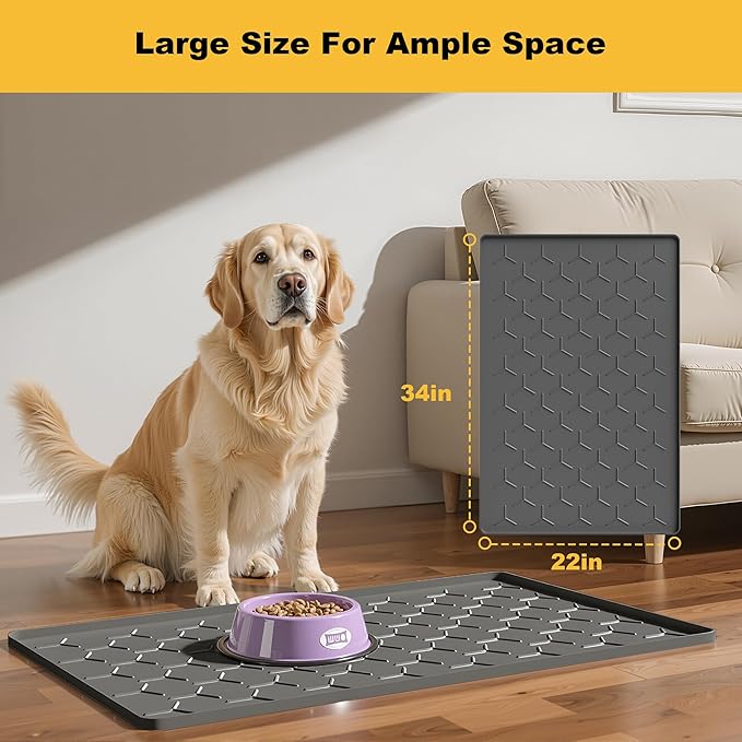 Pieviev 34''x22'' Dog Cat Food Bowl Mat, Silicone Waterproof Food Grade Pet Food Mat for Floor, High Raised Edge to Prevent Spills, Non-Slip & Easy Clean Pet Placemat for Dog & Cat Bowls, Dark Gray