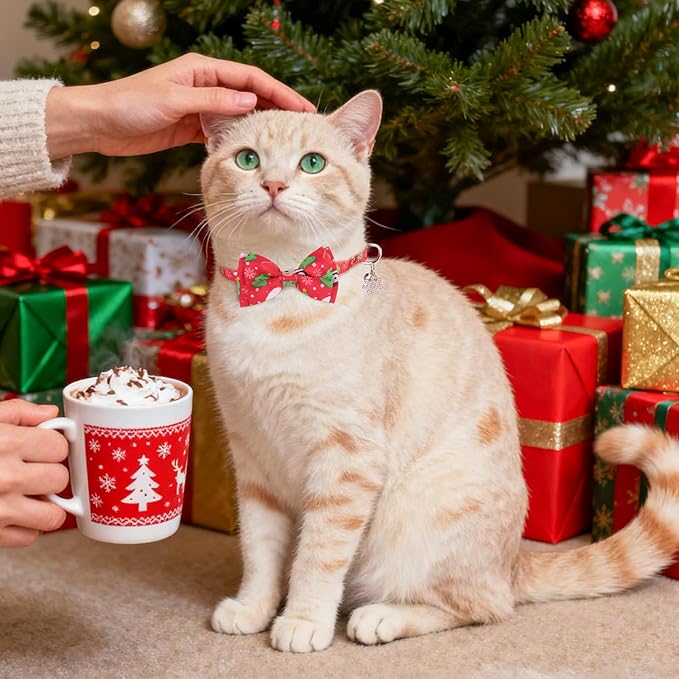 SCENEREAL Christmas Cat Bandana Collar with Bell Bowtie - 2 Pack Breakaway Kitten Collars, Adjustable Cute Pet Accessories for Cats and Small Dogs