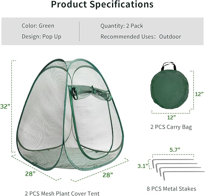 2PCS Mesh Plant Protector Tent from Animals, 28X28X32Inch Pop Up Garden Netting Cover Large Green Crop Cage Plant Protection Tent to Protect Outdoor Potted Plants Flowers Fruits from Deer Birds Cat