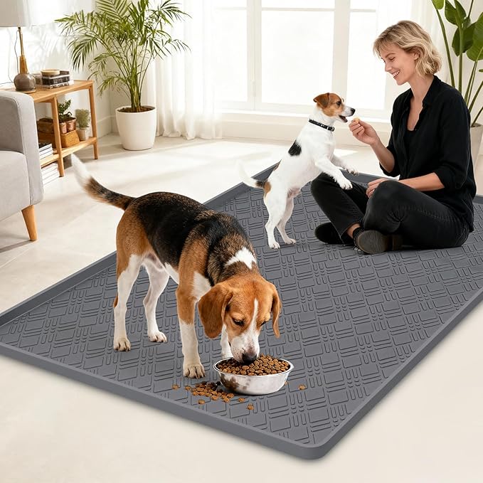 Lanstics Dog Food Mat, 42" x29" Large Silicone Mat Dog Feeding Mat with Raised Edge Non-Slip Pet Feeding Mat for Food and Water Bowl, Easy to Clean, Floor Protection (Dark Gray)