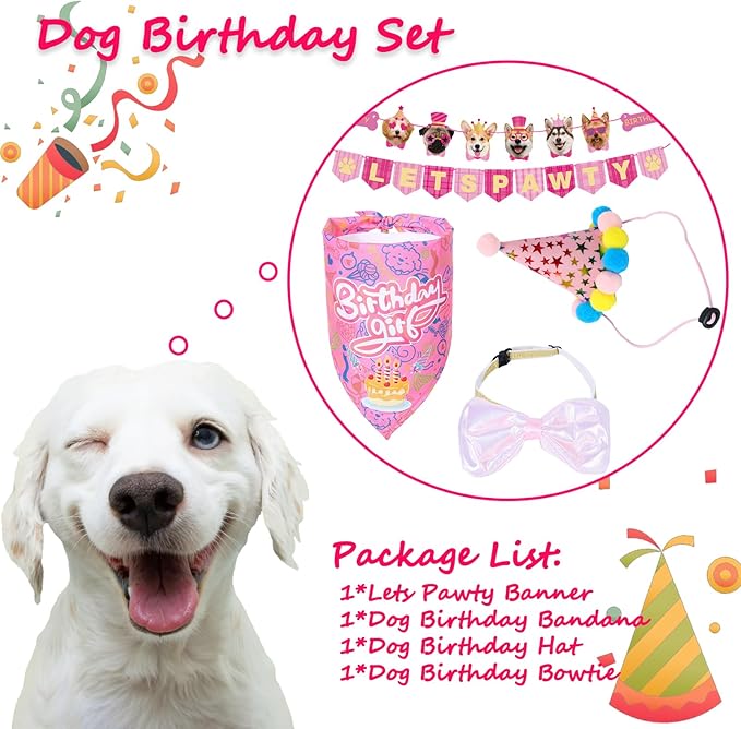 Happy Girl Dog Puppy Doggy Pet Birthday Burthday Party Supplies Hat Bandana Decorations Lets Pawty Banner Decor Dog Bowtie Gifts Outfit Stuff Accessories for Small Medium Large Dogs