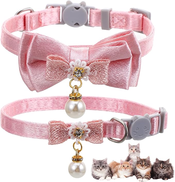 2 Pack Pink Cotton Cat Collars for Girl Cats, Cute Pearl Bow Kitten Collar Breakaway Safety Buckle Cats Pet Collars Adjustable from 7.9 to 11.8 Inches
