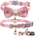 2 Pack Pink Cotton Cat Collars for Girl Cats, Cute Pearl Bow Kitten Collar Breakaway Safety Buckle Cats Pet Collars Adjustable from 7.9 to 11.8 Inches