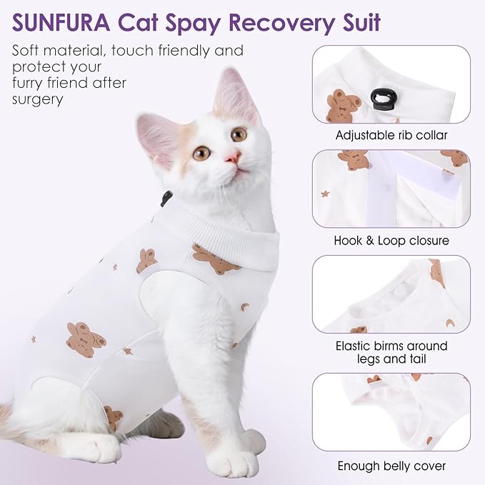 SUNFURA Cat Recovery Suit, Kitten Surgical Full Bodysuit for Abdominal Wound Protector Anti Licking After Surgery, Professional Bandages Cone E-Collar Alternative for Small Male & Female Pets