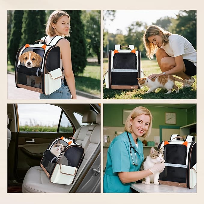 Lekereise Ventilated Dog Backpack Carriers, Cat Carrier Backpacks with Breathable Mesh for Small Cats Dogs Up to 17 Lbs, Pet Foldable Backpack Great for Travel Hiking Camping Outdoor Beige-Orange Ears