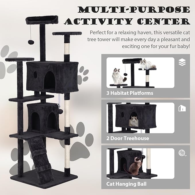 Heavy Duty Cat Tree Tower, 70" Tall Cat Tower for Indoor Cats with Cat Scratching Post with Bed, Cat Condo, Hanging Ball, Multi-Level Cat Climbing Tower Cat Trees Furniture Activity Center, Dark Grey