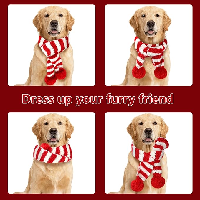 BWOGUE 2-Piece Knitted Dog Christmas Scarf & Bandana with Red and Green Pom Poms for Medium/Large Dogs - Winter Warm Holiday Pet Costume Accessory (Red, Green)