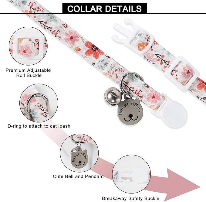 Lionet Paws 2pcs Pack Cotton Cat Collar,Breakaway Buckle with Rose Coreopsis and Brand Pendant Cute Adjustable Cat Kitten Collar,Ideal for Girl Cats