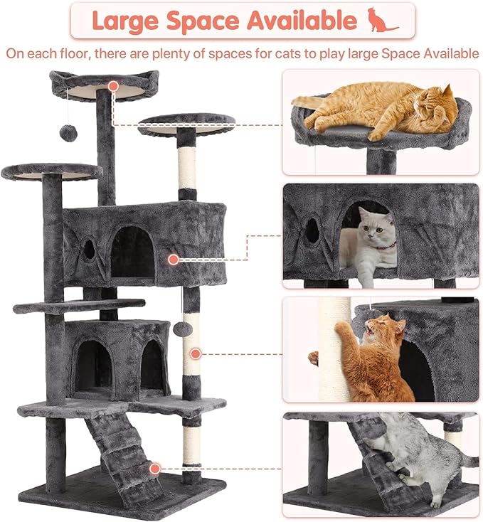 54in Cat Tree Cat Climbing Tower with Scratching Post, Cats House Perch Kitten Tree Condo Wood Playhouse, Pet Trees Tower for Indoor Cats, ASHY
