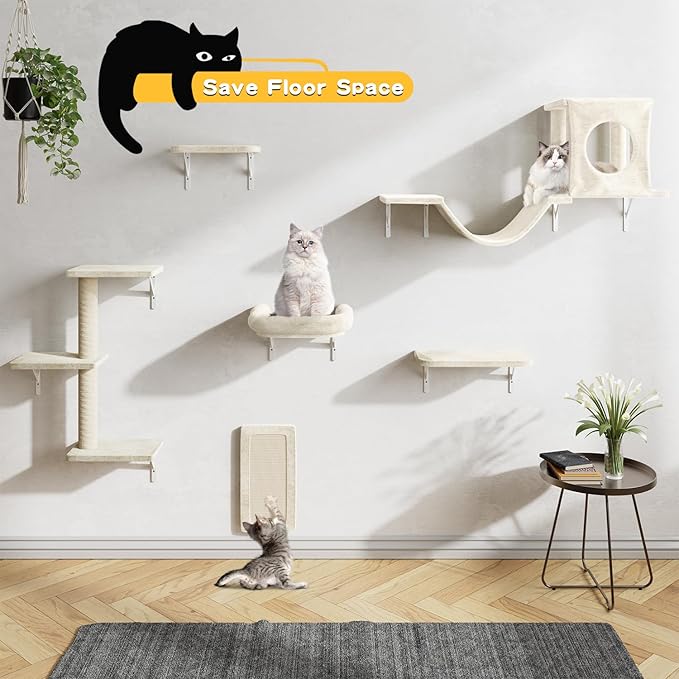 6-in-1 Cat Wall Shelves, Wooden Climbing Wall with Scratching Post, Wall Mounted Cat Furniture for Climbers, Space-Saving Cat Wall for Play & Rest, Drywall & Solid Walls