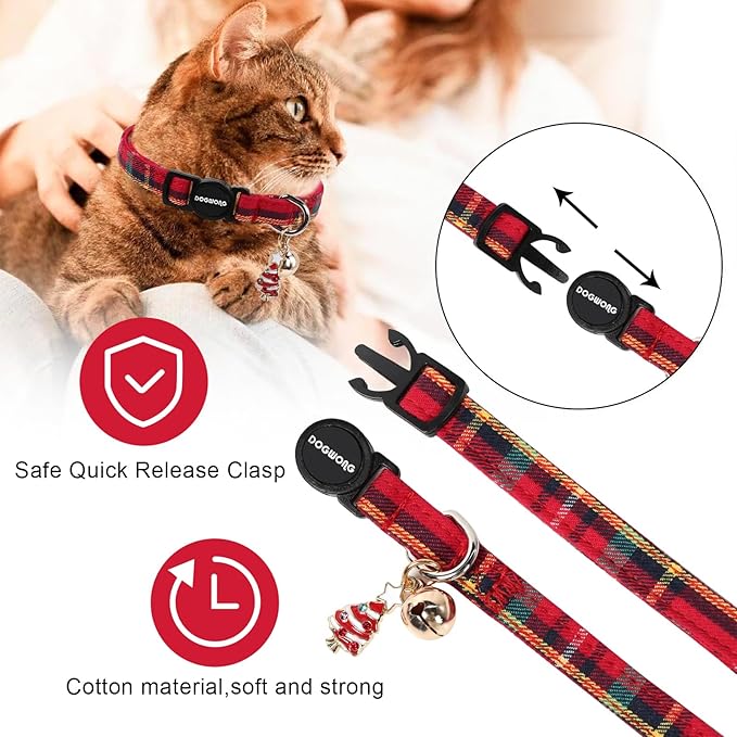 Cat Collar,2 Pack Cat Collars Breakaway with Bell, DOGWONG Safety Buckle Red Christmas Plaid Cat Collar for Girl Boy Cats and Small Dogs，Adjustable 7-12 Inch,Pet Supplies Accessories
