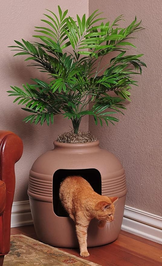 Good Pet Stuff Hidden Litter Box Planter, Decorative Cat Litter Enclosure with Carbon Filter, Artificial Plant, Easy Clean, Indoor Design, Original Round Style, Essentials Kit, Mocha Brown