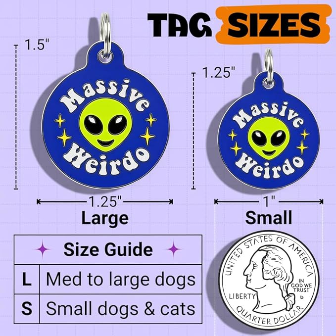 Bad Tags Personalized Dog and Cat ID Tags in 25+ Designs and 2 Sizes - 5 Lines of Custom Engraved Text - Funny Cute Personalized Pet Tags (Massive Weirdo, Large (1.25 inch))
