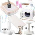 Eccliy Kitten Starter Kit, 10 Pcs Cat Starter Kit for Indoor Cats Kitten Essentials Includes Litter Box, Pet Toy, Folding Carrier, Climbing Frame, Mat, Collar, Automatic Food Bow (Cute,White)