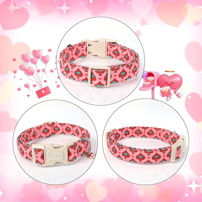 Valentines Dog Collar for Small Dogs - Design Cute Rose Red Valentine Dog Collars Boy Girl Puppy Adjustable Quick Release Buckle Collar with Little Heart Charm XS