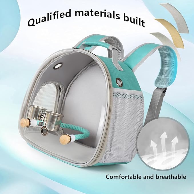 Small Bird Travel Backpack Carrier Cage, Backpack to Transport Backpack Carrier with Clamp Cups Stand Perch for Parakeet Cockatiel Budgies Vet Carry Book Bag Green