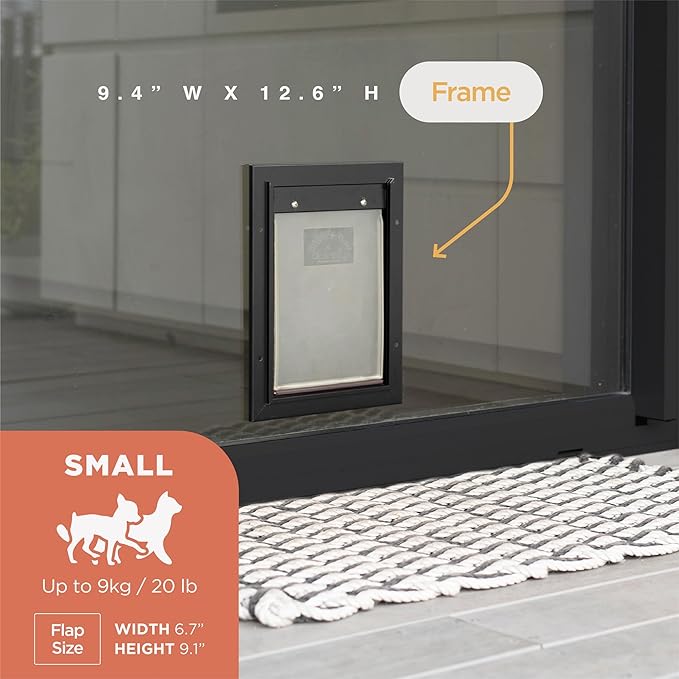 Hakuna Pets Deluxe Aluminum Pet, Cat and Dog Door with 2-Way Locking Panel for Screens, Doors and Walls up to 2.8" Thick, Small, Black