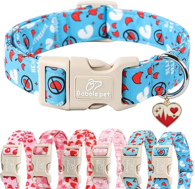 Valentines Dog Collar, Blue Heart Dog Collar, Cute Loving Heart Printed Collar with Quick Release Plastic Buckle for Boys&Girls Dogs, Medium