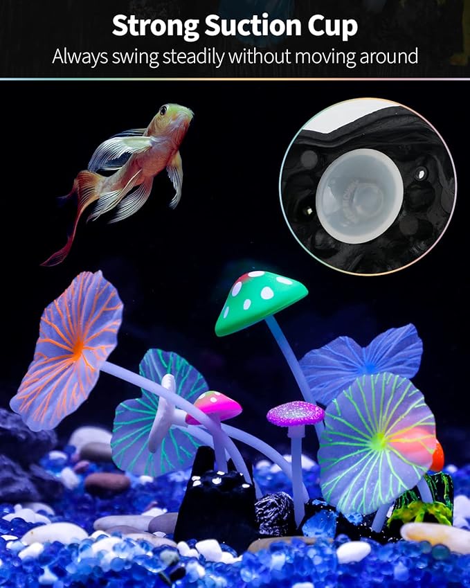 Uniclife Aquarium Coral Plant Ornament with Glowing Effect Imitative Mushroom Lotus Leaf Decoration Addition Colorful Lifelike Silicone Decor for Fish Tank Landscape
