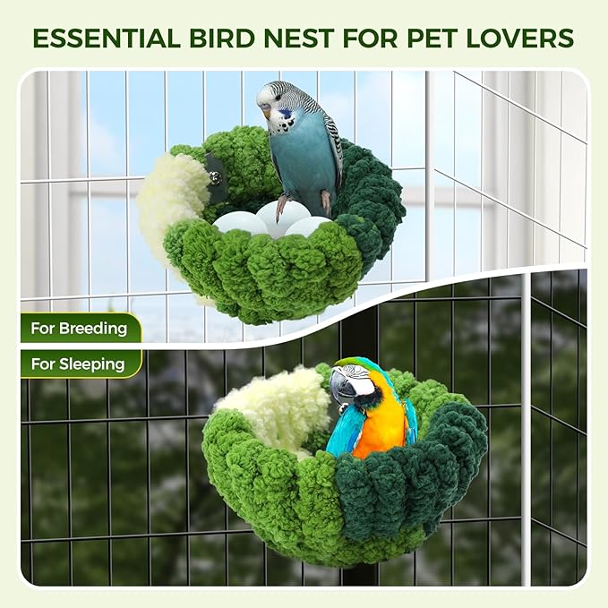 Bird Nest for Cage,Plush Hanging Bird Bed for Parakeet,Breeding Bird House for Conure,Budgie,Cockatiel,Lovebird,Canary,Finch,Hamster,Small Pets,Warm Nest (Green, S)