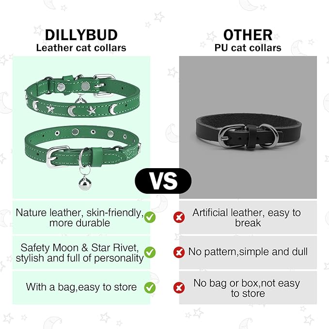 Leather Cat Collars for Boy Girl Cats with Bell and Safety Elastic Belt, Personalized Star and Moon Stud Adjustable Safe Buckle Collar for Kitty Small Big Cats Size 7-9 Inch, Green