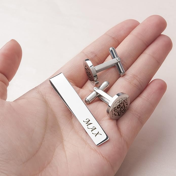 Anavia Pet Portrait & Handwriting Cufflinks Tie Clip Gift Box Set, Personalized Sketch Style Photo Engraving Men's Jewelry Accessories for Father Dad Brother Boyfriend Husband Wedding Birthday Gift