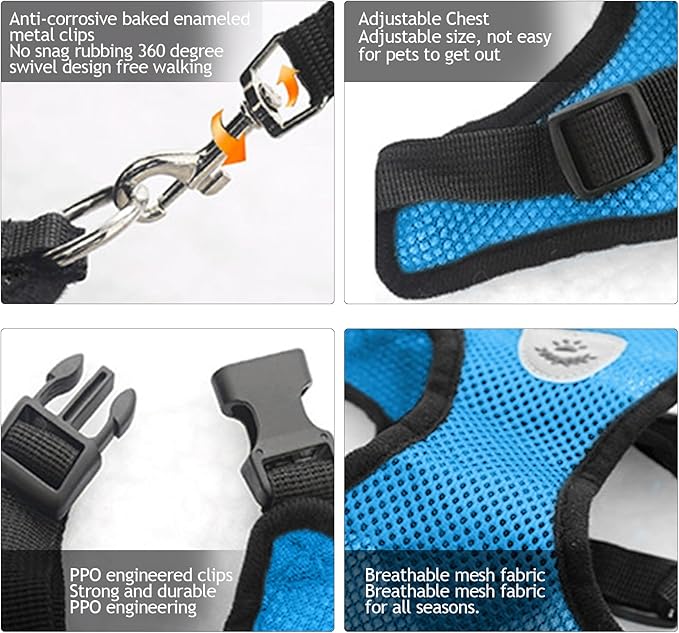 shudyear Summer cat Chest Harness and Leash, Anti-Escape Adjustable Soft mesh cat Leash and Chest Harness Set for All Types of Cats cat Vests (Size L, Sky Blue)