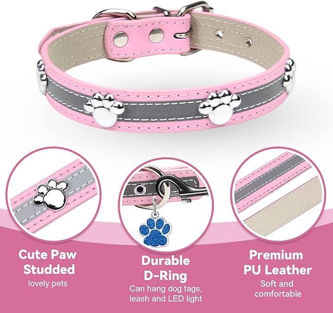 PETCARE Reflective Dog Collar with Cute Paw Rivet Studded Funny Soft PU Leather Adjustable Puppy Dog Collars for Small Medium Large Dogs Cats (Pink,Small)