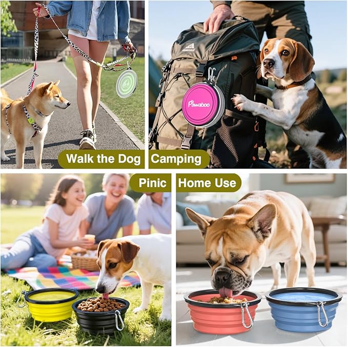 Pawaboo Collapsible Dog Bowls 2 Pack, Silicone Feeding Watering Bowls with Lids & Carabiners for Dogs Cats, Portable Water Feeder Food Bowl for Walking Traveling Home Use, 1000ml, Yellow + Black