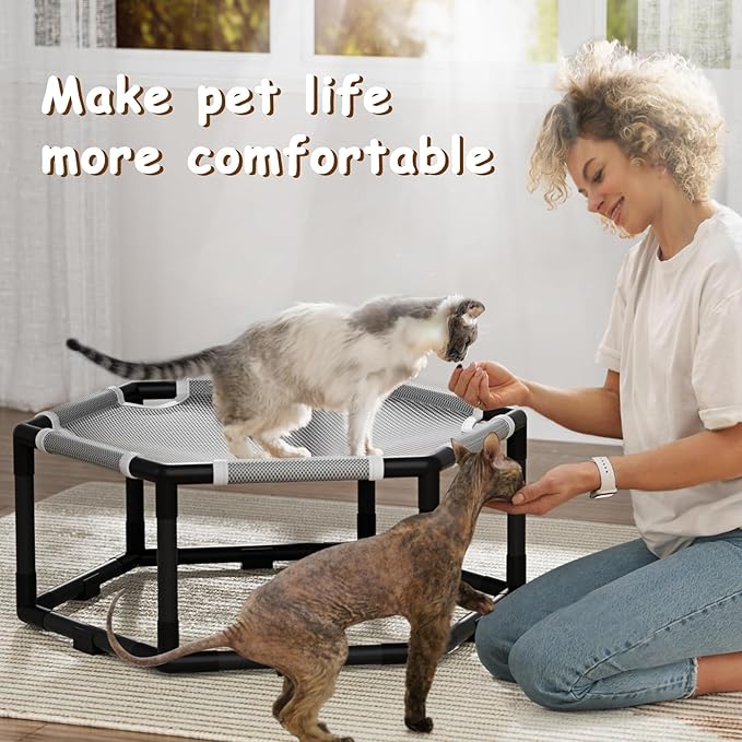 Tresbro Elevated Cat Hammock Bed, Hexagon Raised Cat Swing Bed for Indoor and Outdoor Use with Breathable Fabric & Anti-Slip Block, 20.5'' x 18'' x 9.4'' Pet Chair for Large to Small Kitty Cot