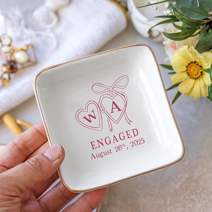 Personalized Locket Wedding Ring Dish, Custom Initial Engaged Rings Holder, Custom Wedding Jewelry Tray, Married Trinket Dishs, Engagement Party Keepsake Gifts for Newly Engaged Couple