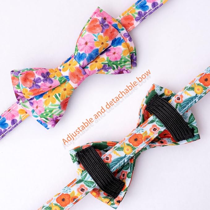 Faygarsle 2 Pack Cat Collar with Bell Breakaway Bowtie for Male Female Cats Pink Purple Flower Floral Spring Summer Cat Collar for Boy Girl Cats