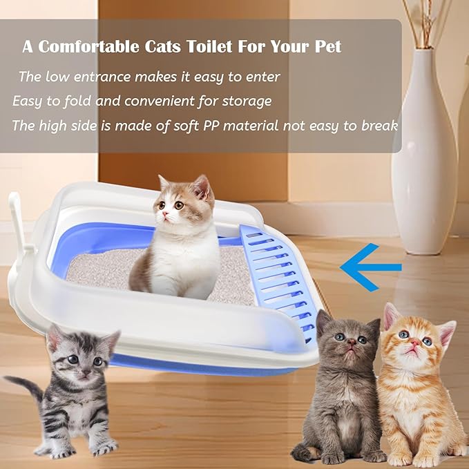 kathson Collapsible Kitten Litter Box,Foldable Anti-Splashing Small Kitty Litter Box Low Entrance Cat Potty Pan with Falling Sand Pedal Waterproof Portable Cat Toilet for Kittens (Blue)