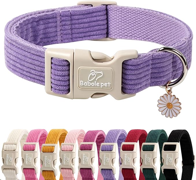 Cute Corduroy Dog Collar - Lavender Adjustable Dog Collars for X-Large Dogs 80+lbs, Fade-Proof with Secure Snap & Little Charm, Christmas Birthday Gift, XL