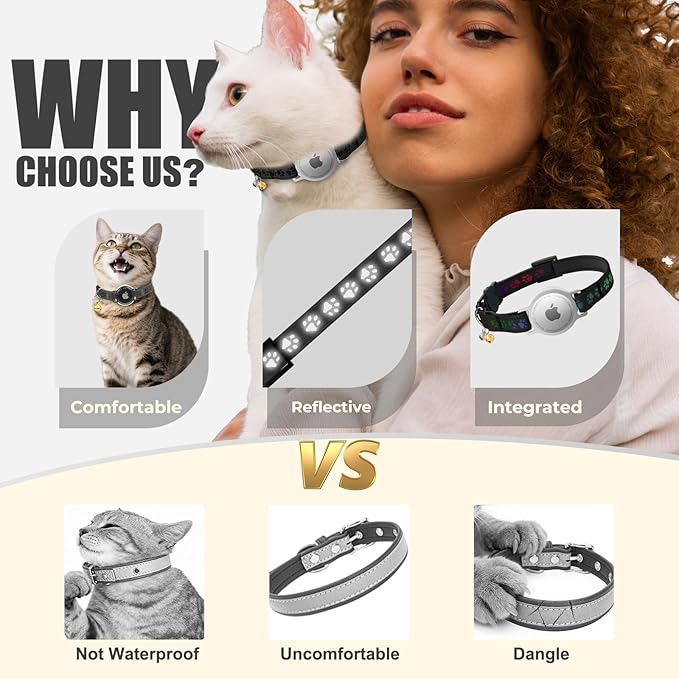 AirTag Cat Collar, Breakaway Cat Air Tag Collar, Reflective Cat Collar with AirTag Holder and Bell, [Lightweight & Scratch Resistant] Adjustable Comfortable GPS Pet Collar for Cats Kittens, Black