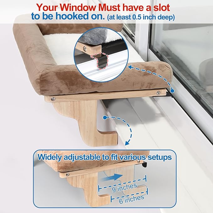Zakkart Cat Perch for Window Sill with Bolster - Orthopedic Hammock Design with Premium Hardwood & Robust Metal Frame - Cat Window Seat for Large Cats - Natural Color Wood Gray Bed, XLarge 26.4''W