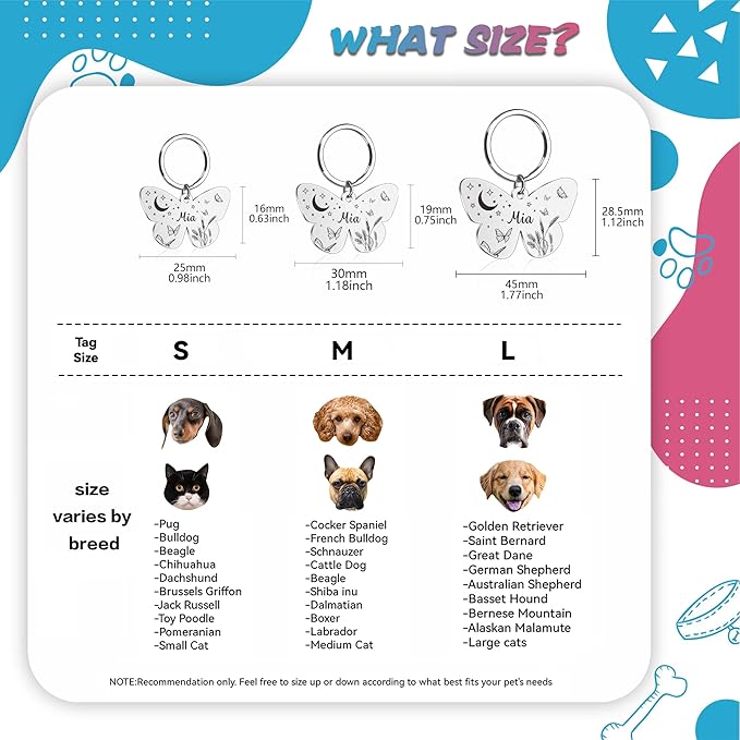Dog Tags Personalized for Pets - Custom Dog Name Tag for Dog Collar, Colorful Butterfly Pet ID Tag, Stainless Steel Pet ID Tags for Small Large Dogs Cats, Pets Accessories for Cat Engraved Both Sides