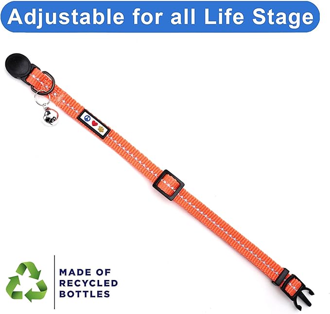 Pawtitas Recycled Coral Reflective Cat Collar – Eco-Friendly Breakaway Safety Buckle, Adjustable Kitten & Adult Collar with Removable Bell and High-Visibility Strap